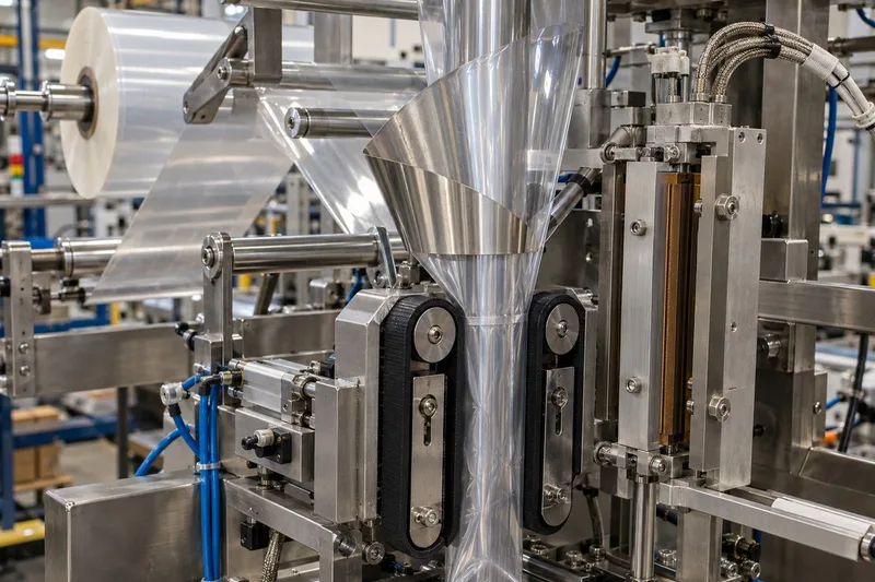 Clear roll film passing over a steel forming shoulder between two vertical pull belts.
