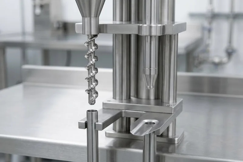 Close-up of a single-piece stainless-steel auger screw positioned over a narrow cylindrical stick pack forming tube beside a liquid shutoff filling nozzle over a sachet guide