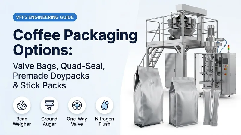 Coffee Packaging Options engineering banner showing Bean Weigher, Ground Auger, One-Way Valve, and Nitrogen Flush icons with stainless VFFS line and silver valve bag, quad-seal bag, and stick packs