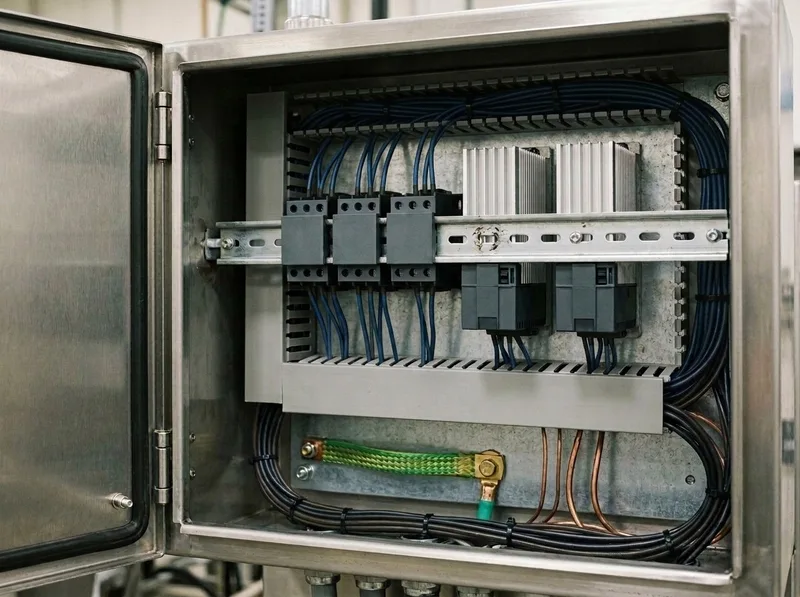 Open stainless-steel control cabinet showing three DIN-rail power contactors, two extruded aluminum finned heat sinks, slotted wiring duct and a braided earth strap.