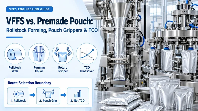 VFFS vs. Premade Pouch engineering overview banner comparing rollstock forming collar, rotary pouch gripper, and TCO crossover