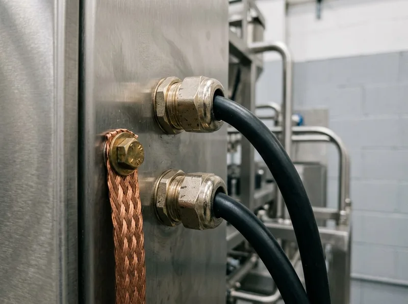 Two nickeled-brass compression cable glands with black power cables and a bolted braided copper grounding strap on a brushed stainless-steel VFFS enclosure.