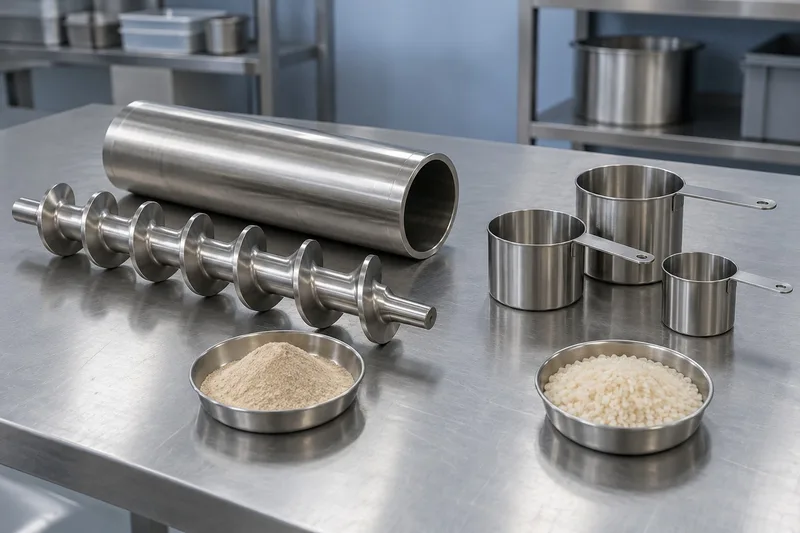 A detached screw and sleeve beside open metal cups and bowls of powder and granules.