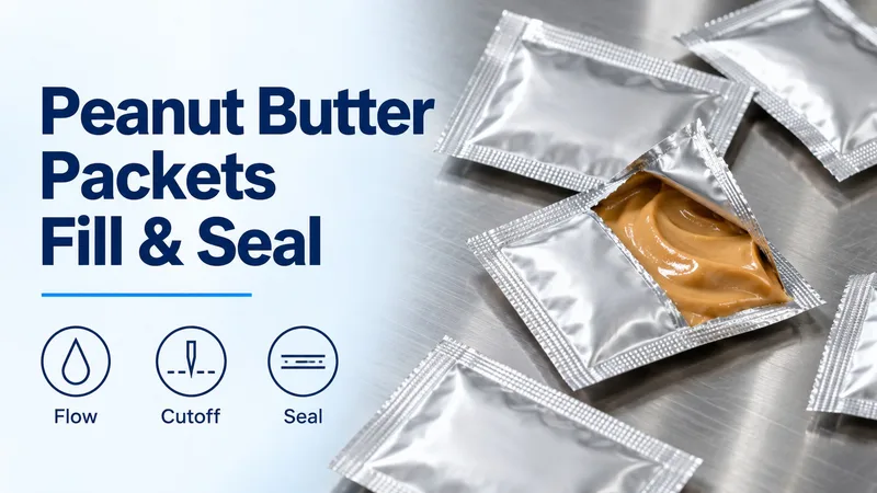 Technical banner with silver peanut butter sachets and the labels Flow, Cutoff and Seal.