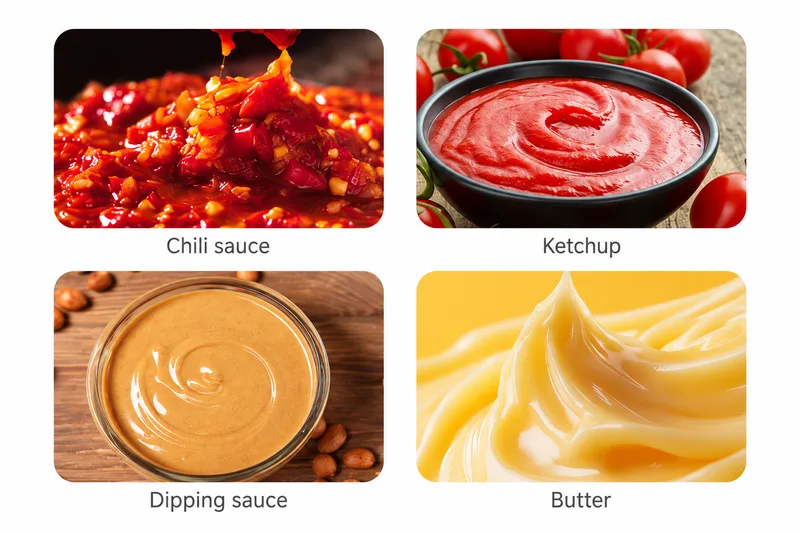 Chili sauce, ketchup, dipping sauce and butter samples with different textures